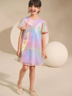 Next Angel Sleeve Sequin Party Dress (3-16yrs) Rainbow Clearance