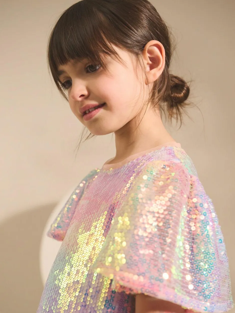 Next Angel Sleeve Sequin Party Dress (3-16yrs) Rainbow Clearance