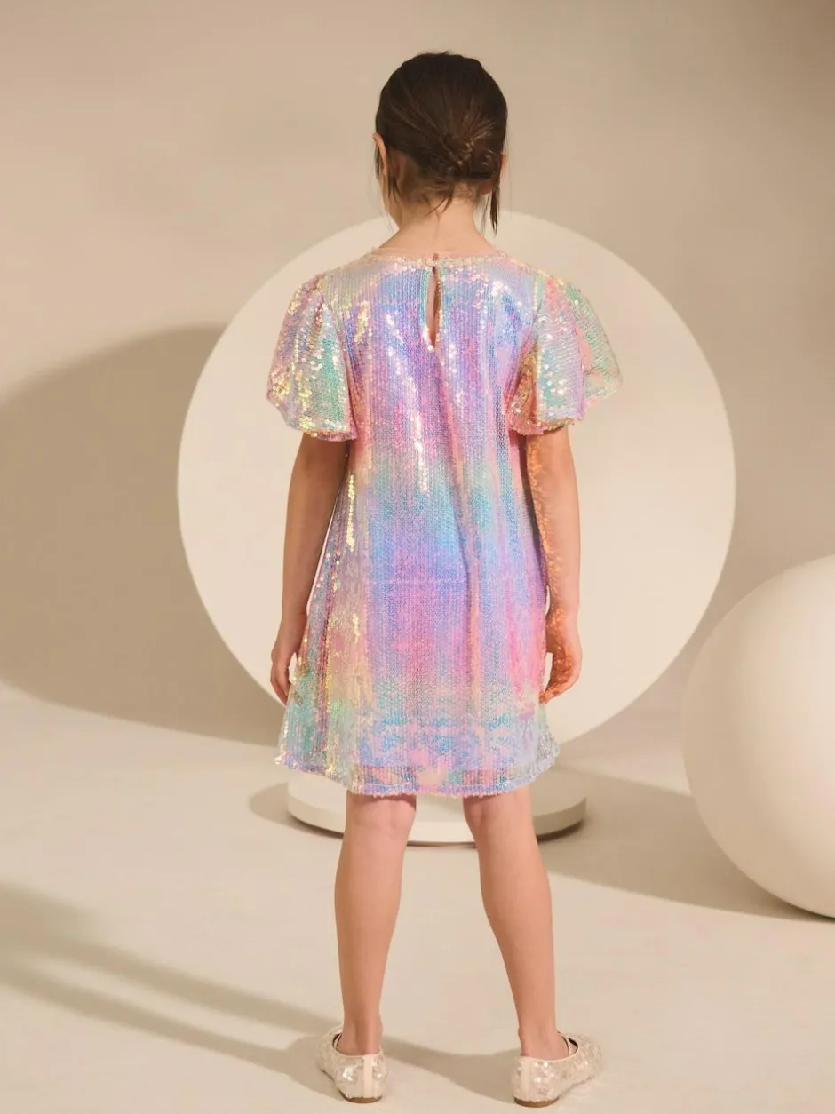 Next Angel Sleeve Sequin Party Dress (3-16yrs) Rainbow Clearance