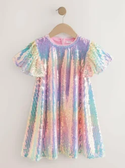 Next Angel Sleeve Sequin Party Dress (3-16yrs) Rainbow Clearance