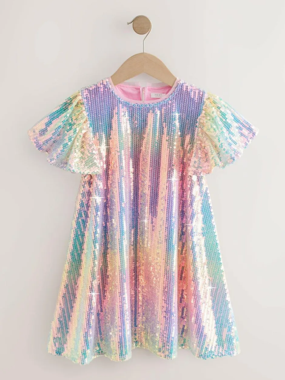 Next Angel Sleeve Sequin Party Dress (3-16yrs) Rainbow Clearance
