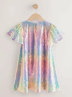 Next Angel Sleeve Sequin Party Dress (3-16yrs) Rainbow Clearance