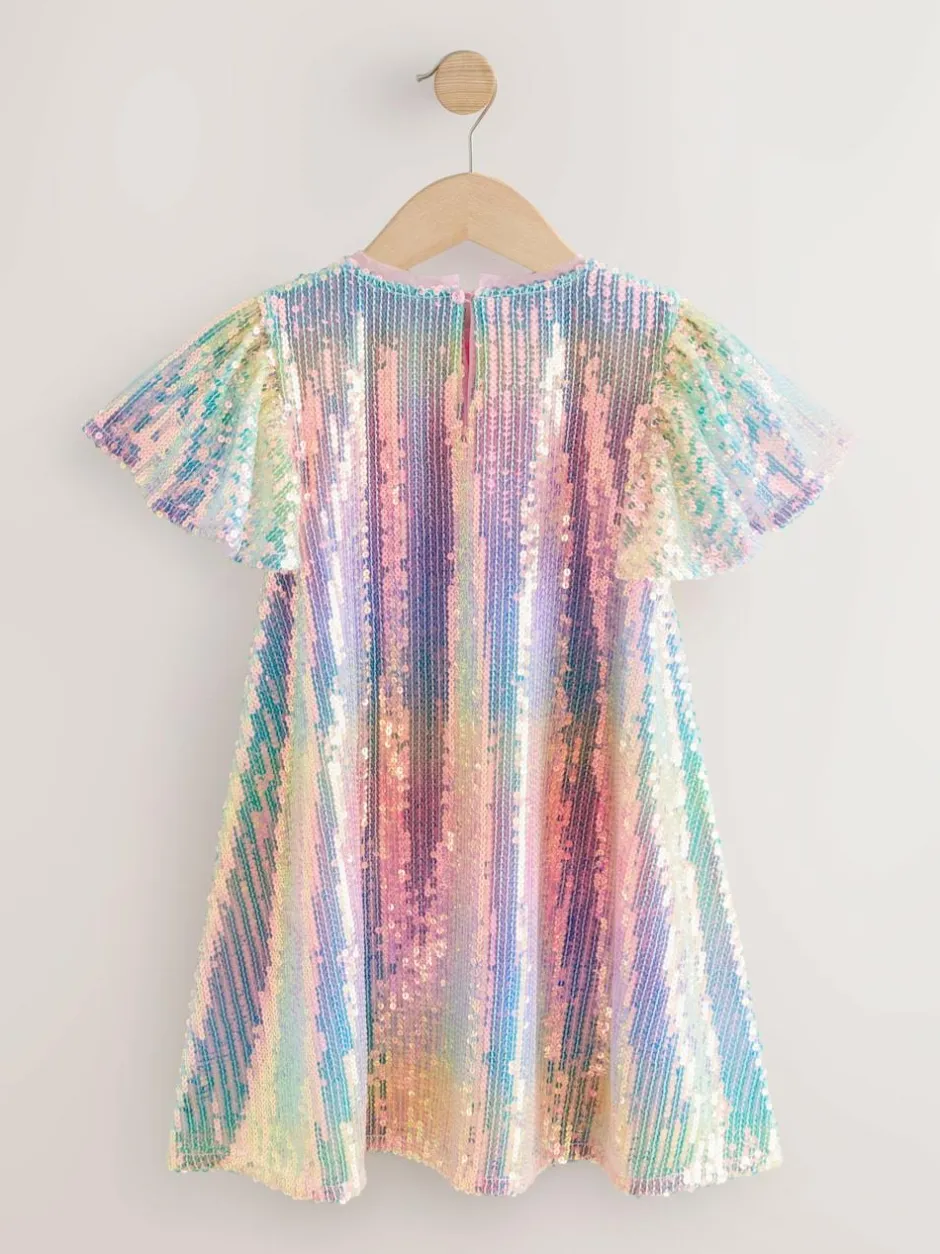 Next Angel Sleeve Sequin Party Dress (3-16yrs) Rainbow Clearance