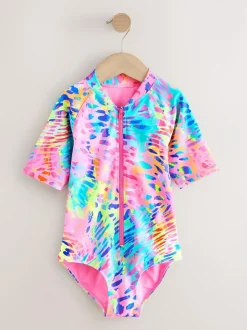 Next Short Sleeved Sunsafe Swimsuit (3mths-16yrs) Rainbow Animal Tie Dye Clearance
