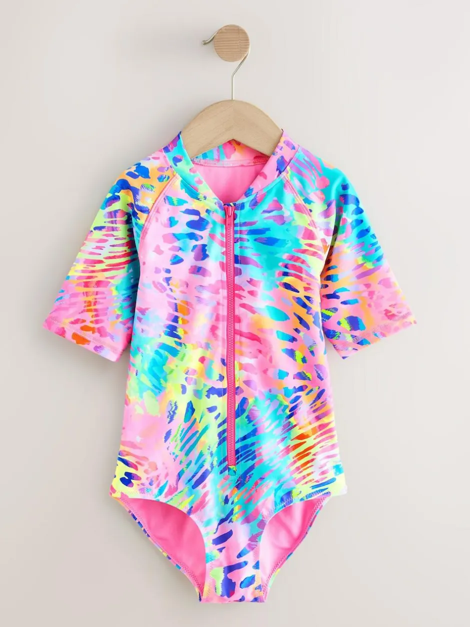 Next Short Sleeved Sunsafe Swimsuit (3mths-16yrs) Rainbow Animal Tie Dye Clearance