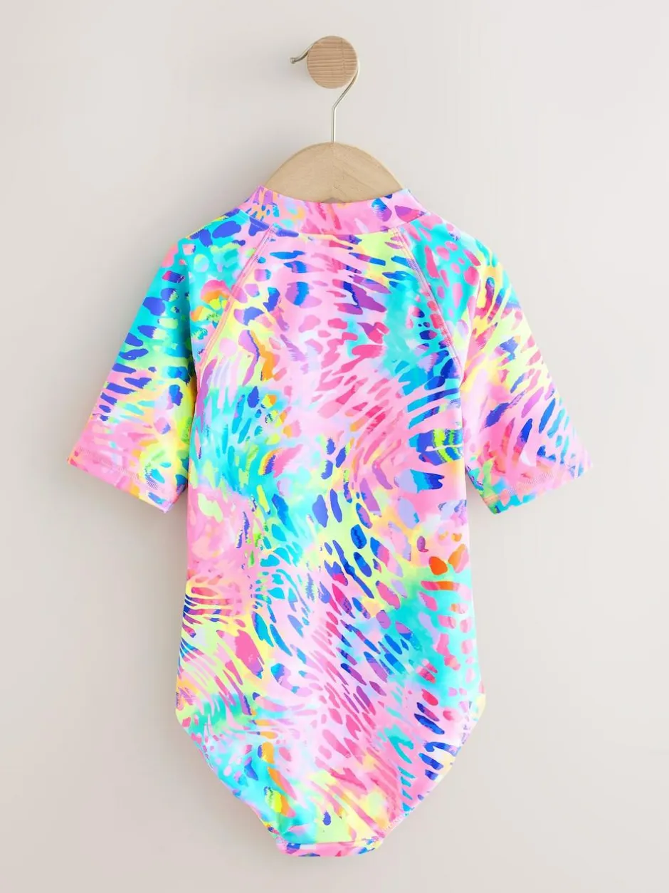 Next Short Sleeved Sunsafe Swimsuit (3mths-16yrs) Rainbow Animal Tie Dye Clearance