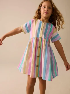 Next Stripe Short Sleeve Button Through Dress (3-16yrs) Rainbow Online