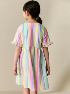 Next Short Sleeve Jersey Dress (3-16yrs) Rainbow Stripe New