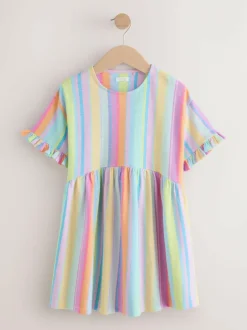 Next Short Sleeve Jersey Dress (3-16yrs) Rainbow Stripe New