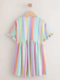 Next Short Sleeve Jersey Dress (3-16yrs) Rainbow Stripe New