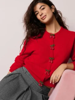 Next Red Cherry Buttons Crew Neck Knitted Cardigan With Wool Clearance