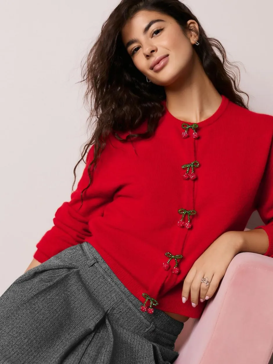 Next Red Cherry Buttons Crew Neck Knitted Cardigan With Wool Clearance