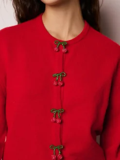 Next Red Cherry Buttons Crew Neck Knitted Cardigan With Wool Clearance