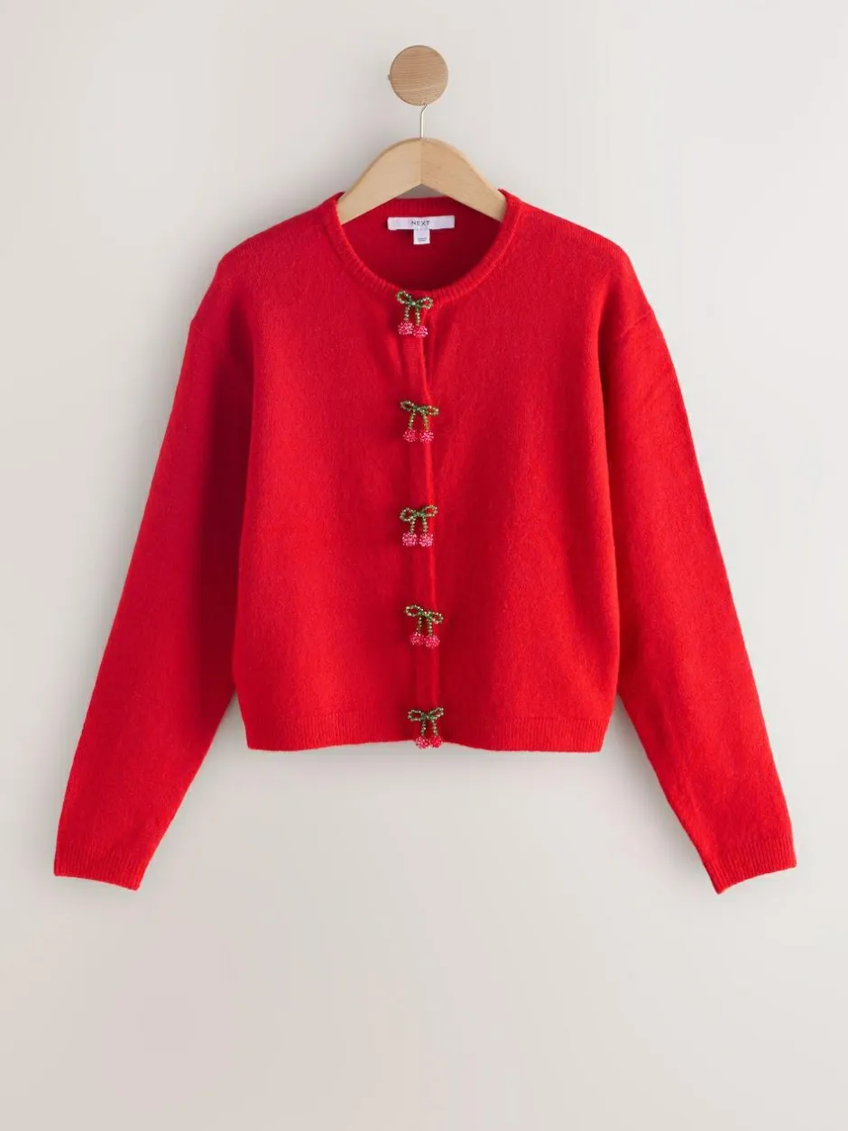 Next Red Cherry Buttons Crew Neck Knitted Cardigan With Wool Clearance