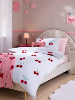 Next Red Cherry Poms Printed Polycotton Duvet Cover and Pillowcase Bedding Set Clearance