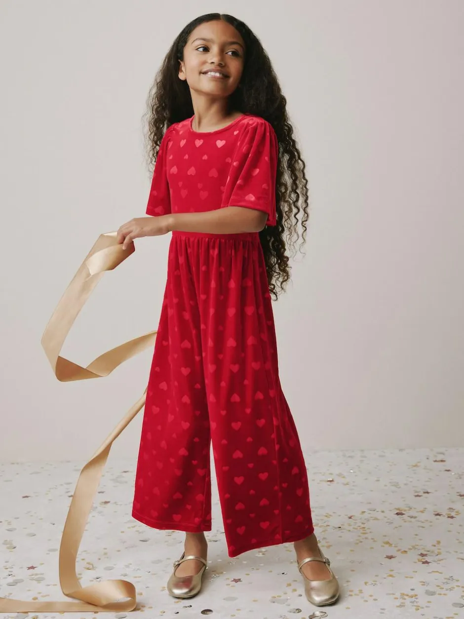 Next Heart Embossed Velour Jumpsuit (3-16yrs) Red Clearance