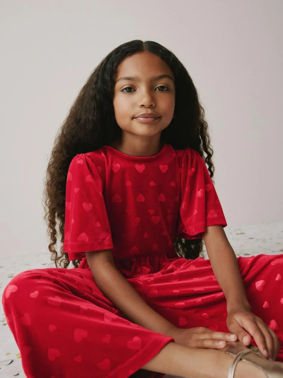 Next Heart Embossed Velour Jumpsuit (3-16yrs) Red Clearance