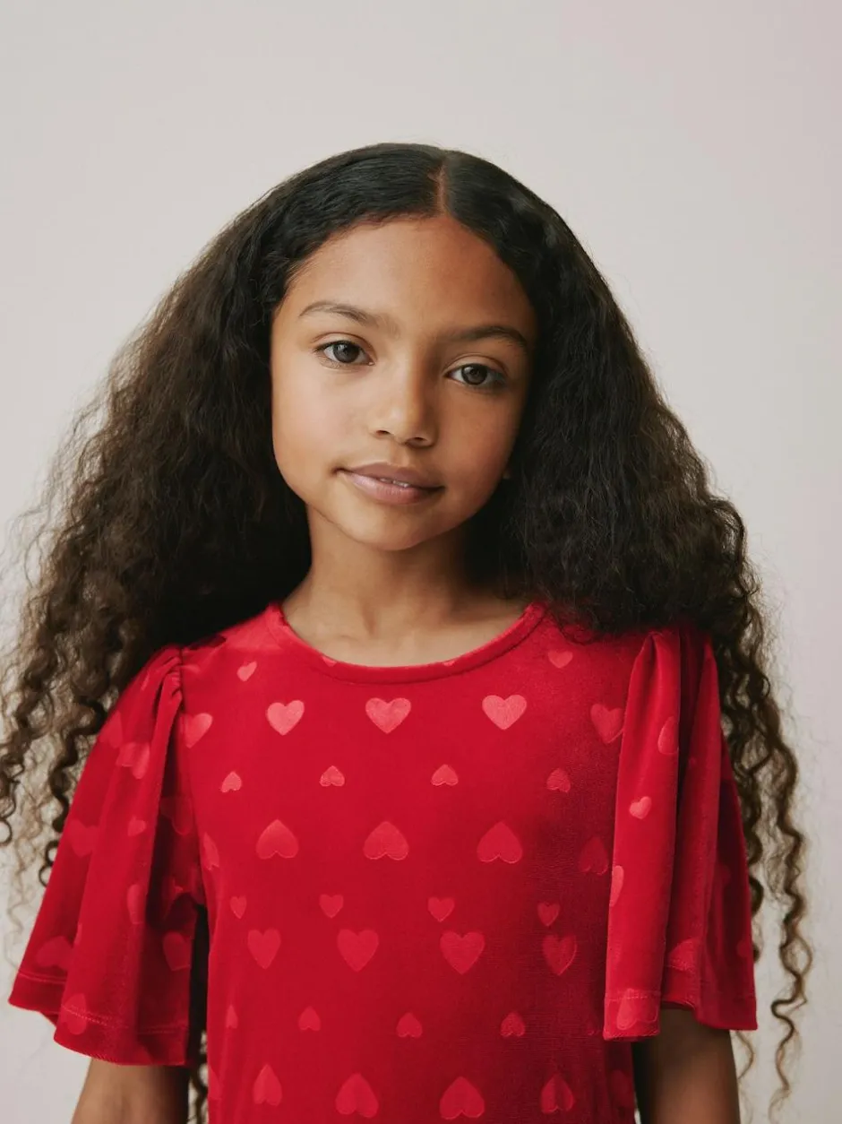Next Heart Embossed Velour Jumpsuit (3-16yrs) Red Clearance