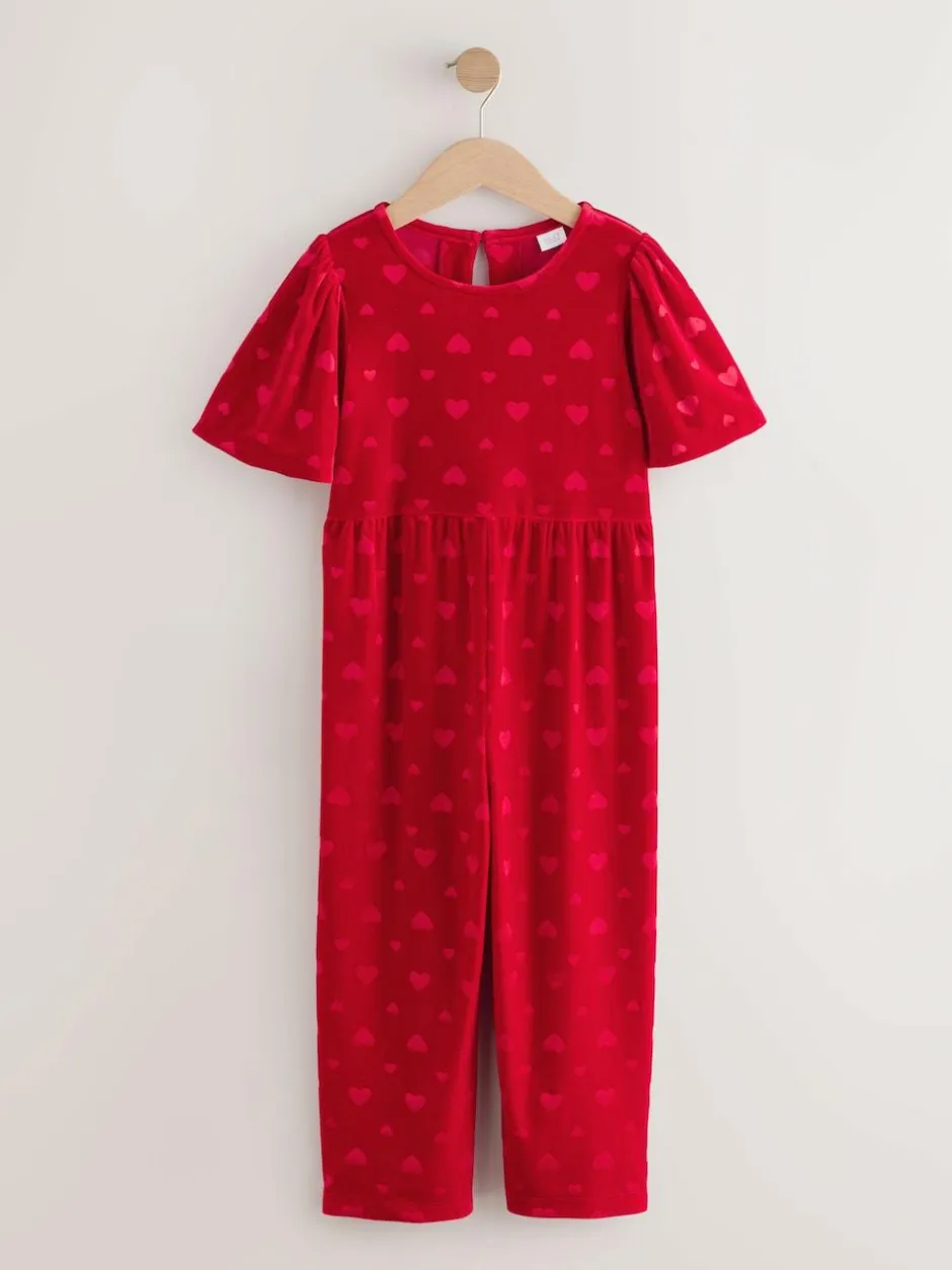 Next Heart Embossed Velour Jumpsuit (3-16yrs) Red Clearance