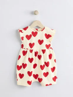 Next Red Heart Printed Frill Baby 100% Cotton Romper Clearance