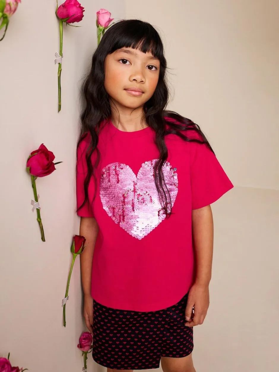 Next Sequin T-Shirt (3-16yrs) Red Heart New