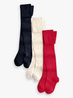 Next 3 Pack Cotton Rich Tights Red Navy Blue and Cream Clearance