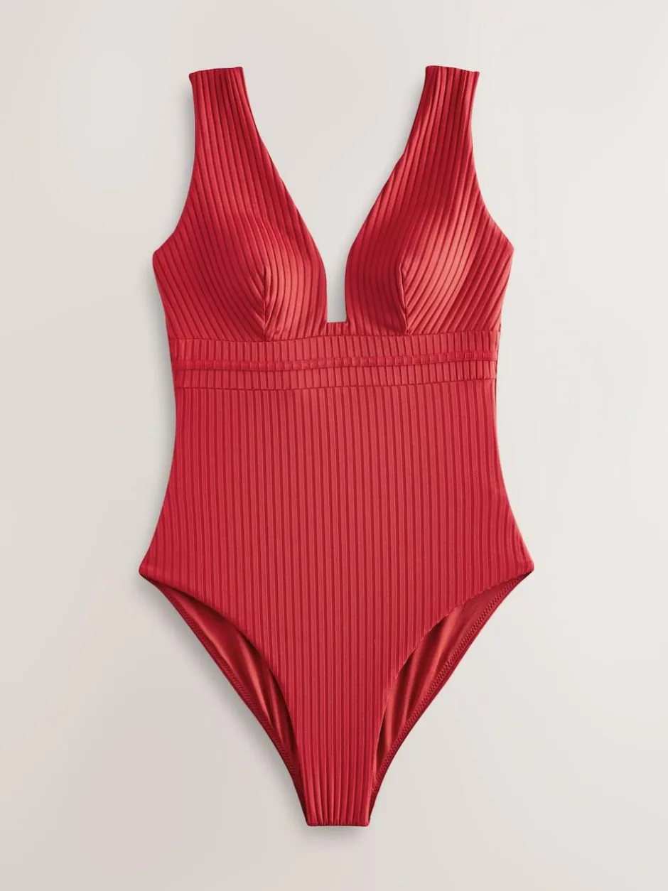 Next Red Rib Plunge Shaping Tummy Control Swimsuit Best