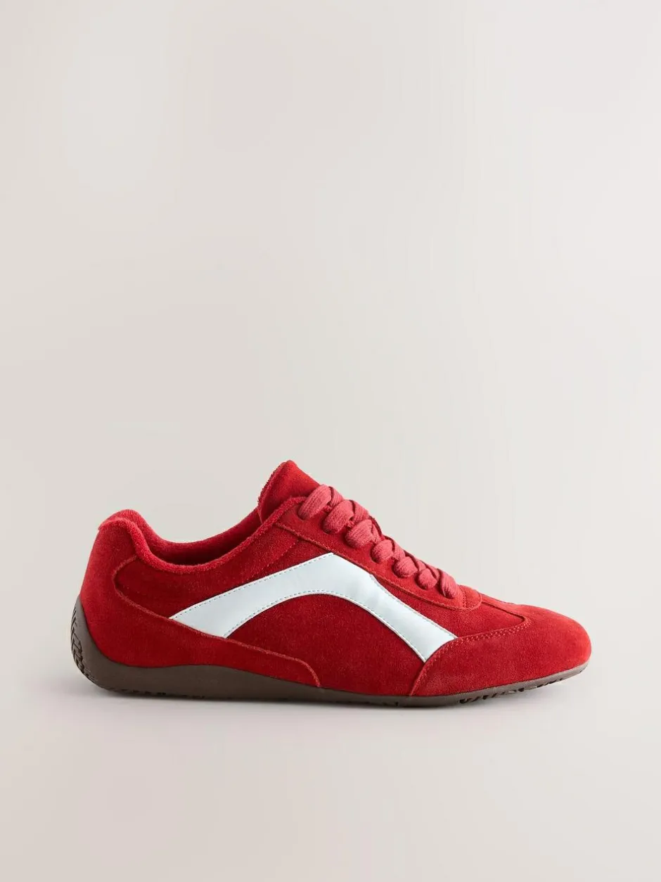 Next Forever Comfort® Leather Slimsole Lace-Up Trainers Red Suede New