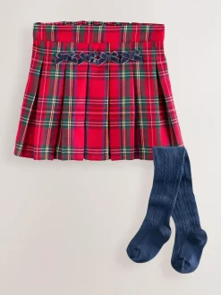 Next Red Tartan Bow Skirt with Navy Tights (3mths-7yrs) Clearance