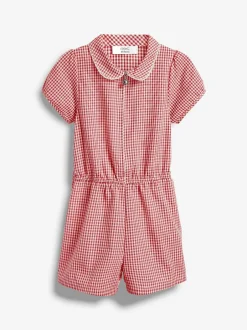 Next Zip Front Cotton Rich Gingham School Playsuit (3-14yrs) Red Discount