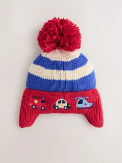 Next Ear-Cover Pom Beanie Hat (3mths-10yrs) Red/Blue Emergency Vehicles Outlet