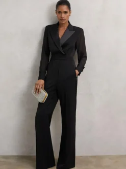 Reiss Black Perla Sheer-Sleeve Tuxedo Jumpsuit New
