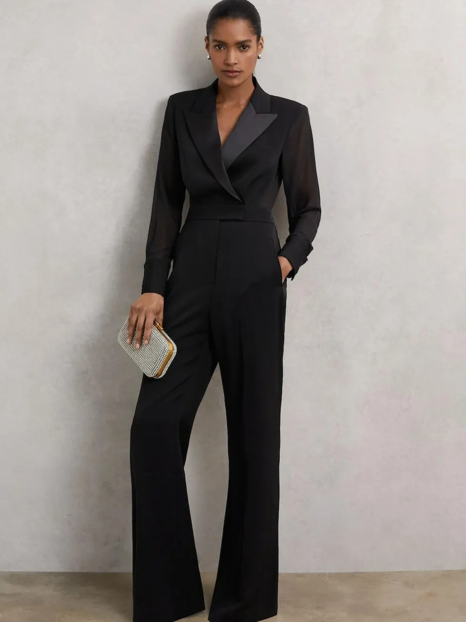 Reiss Black Perla Sheer-Sleeve Tuxedo Jumpsuit New