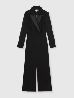 Reiss Black Perla Sheer-Sleeve Tuxedo Jumpsuit New