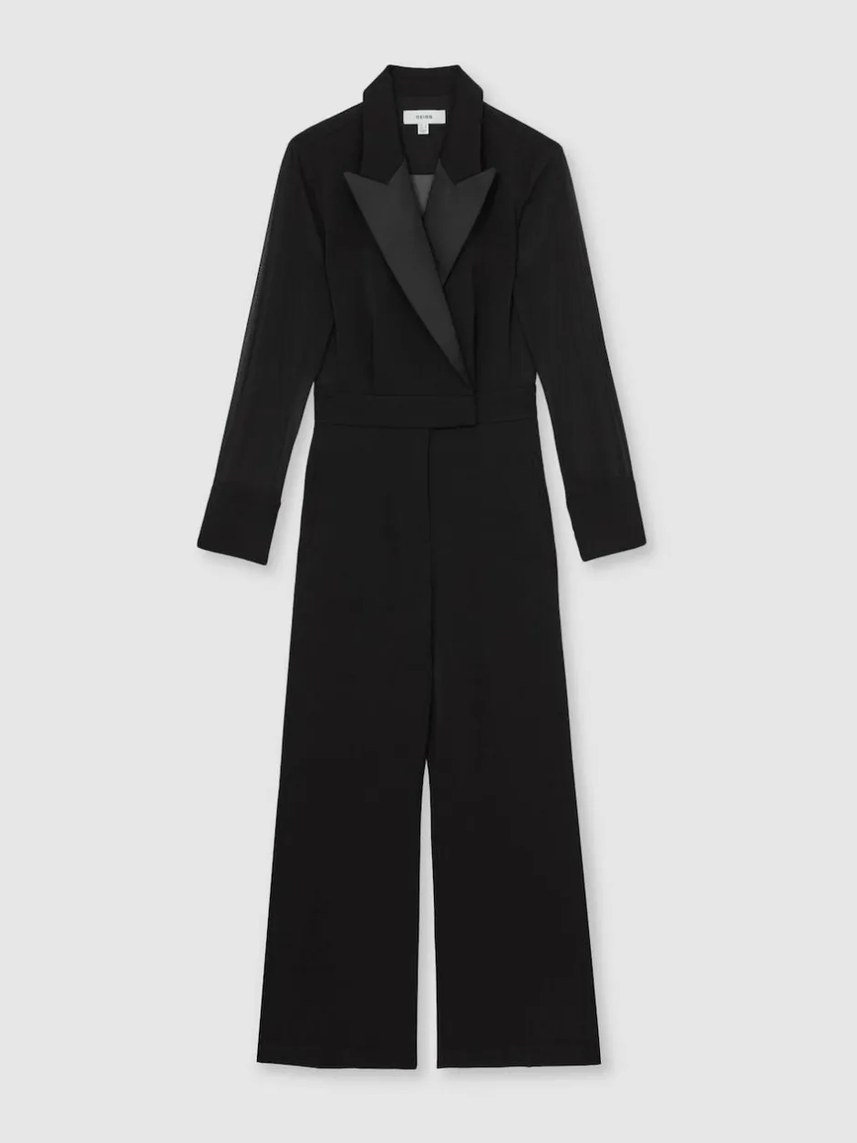 Reiss Black Perla Sheer-Sleeve Tuxedo Jumpsuit New
