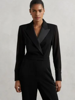 Reiss Black Perla Sheer-Sleeve Tuxedo Jumpsuit New