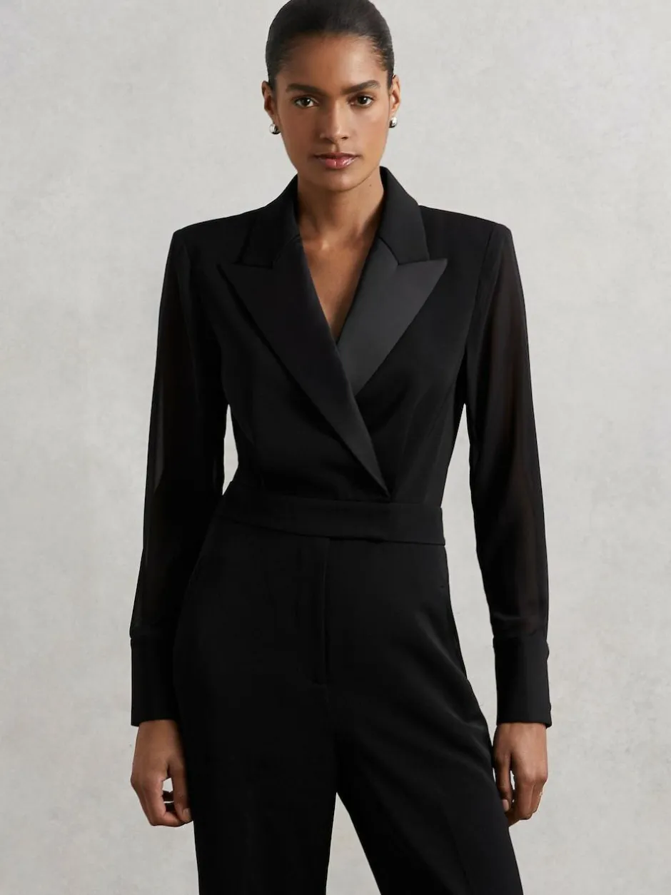 Reiss Black Perla Sheer-Sleeve Tuxedo Jumpsuit New