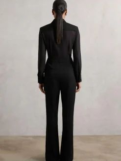 Reiss Black Perla Sheer-Sleeve Tuxedo Jumpsuit New