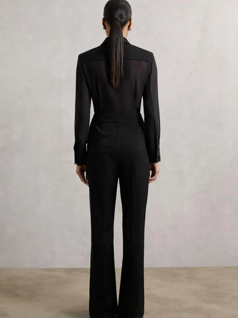 Reiss Black Perla Sheer-Sleeve Tuxedo Jumpsuit New