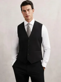 Reiss Promise Wool-Blend Tailored-Fit Waistcoat Black New