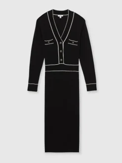 Reiss Black/Ivory Lorrie Wool-Blend Tipped Dress With Cashmere Best