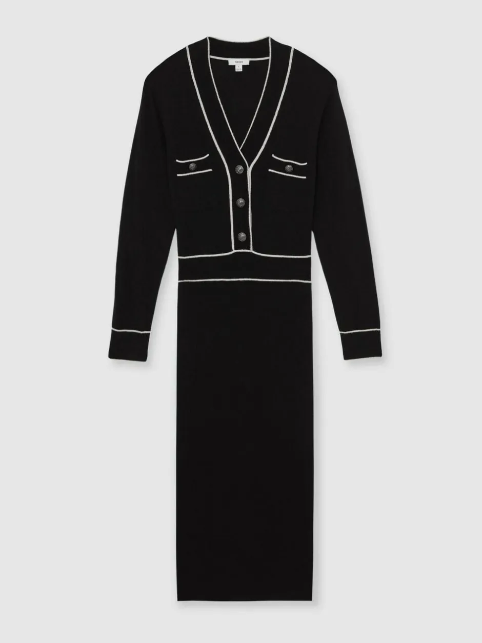 Reiss Black/Ivory Lorrie Wool-Blend Tipped Dress With Cashmere Best