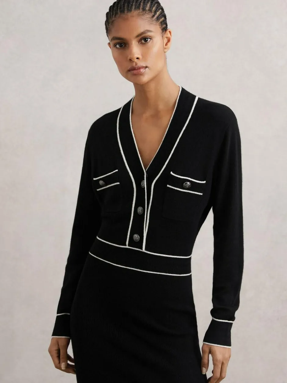 Reiss Black/Ivory Lorrie Wool-Blend Tipped Dress With Cashmere Best