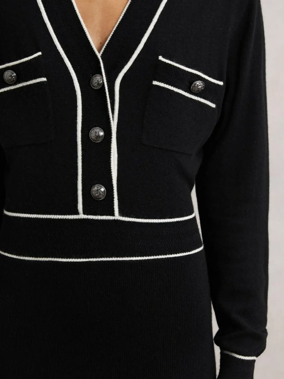Reiss Black/Ivory Lorrie Wool-Blend Tipped Dress With Cashmere Best