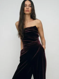 Reiss Burgundy Andria Velvet Drape Strapless Jumpsuit Best