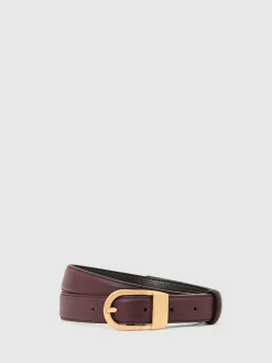 Reiss Hazel Leather Curved-Buckle Belt Burgundy New