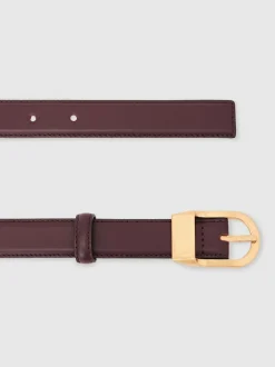 Reiss Hazel Leather Curved-Buckle Belt Burgundy New