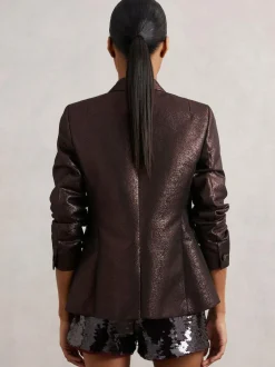 Reiss Sienna Double-Breasted Metallic Suit Blazer with Cotton Burgundy Hot