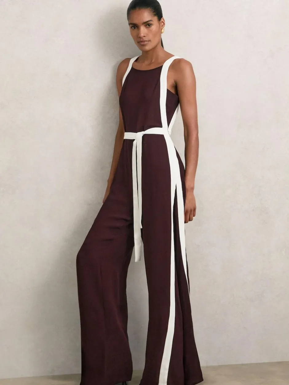 Reiss Salma Colourblock Wide Leg Belted Jumpsuit Burgundy/Cream New