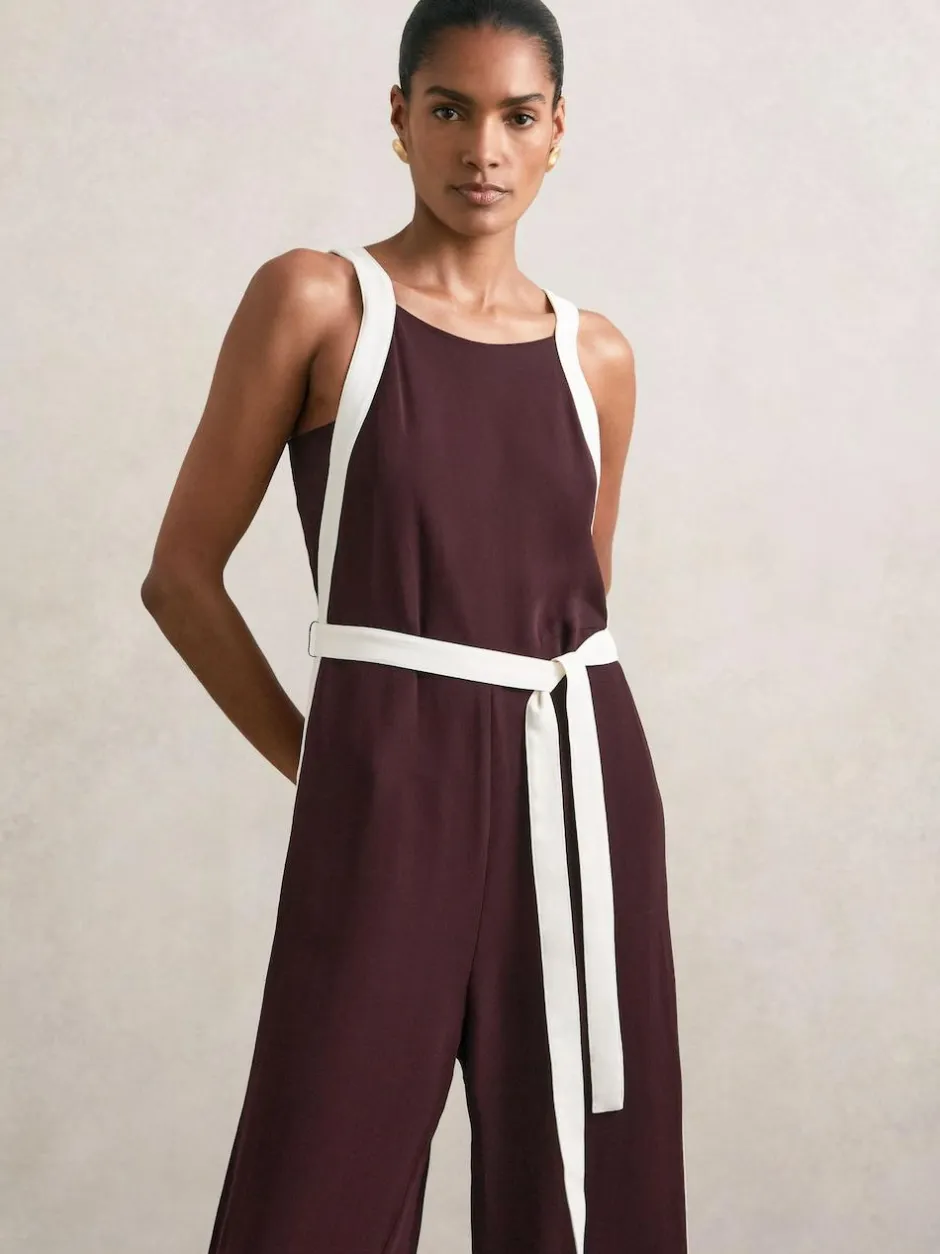 Reiss Salma Colourblock Wide Leg Belted Jumpsuit Burgundy/Cream New